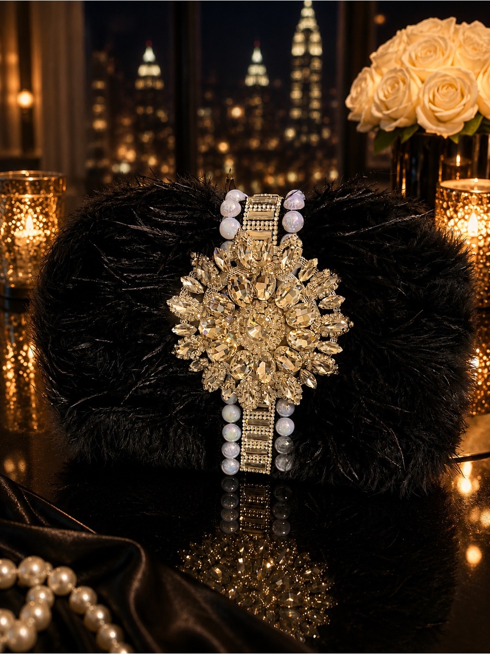 Black Faux Fur Evening Clutch with Gold Crystal Brooch